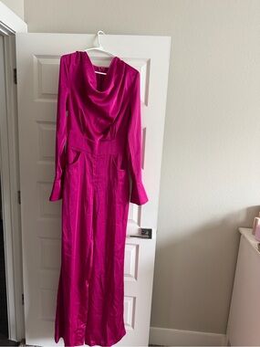 Hanifa Magenta Satin Long-Sleeve Gown